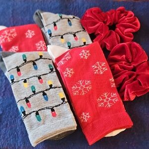 Festive Kids Socks and Scrunchies Set - Red and Gray